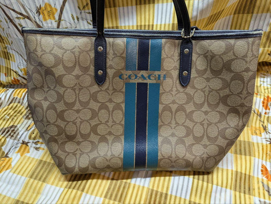 Pre-Owned Coach Varsity City Tote F38405 Signature Canvas Bag Brown Blue Stripe Large Shoulder Bag Authentic