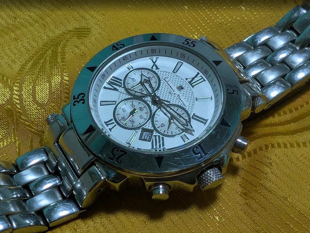 Rare Salvatore Marra SM7019 Chronograph Watch 45mm Vintage Pre-Owned Quartz Date Stainless Steel Bracelet Mens Sport Watch Italy .New Battery