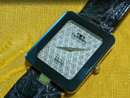 Vintage Pre-Owned TechnoS Swiss Quartz Ladies Watch Square Dial Gold Plated Case Black Strap Retro Womens Watch For Repair
