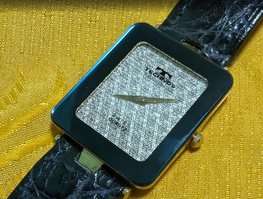 Vintage Pre-Owned TechnoS Swiss Quartz Ladies Watch Square Dial Gold Plated Case Black Strap Retro Womens Watch For Repair