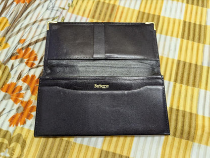 Vintage Pre-Owned Burberrys Long Leather Wallet Black Checkbook Wallet Slim Designer Wallet Authentic