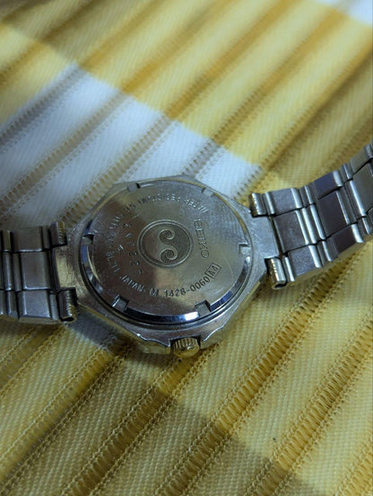 Vintage Pre-Owned Seiko Silver Wave 1428-0060 Quartz Watch Two Tone Bracelet Japan Dress Watch Mens Retro Wrist Watch Working