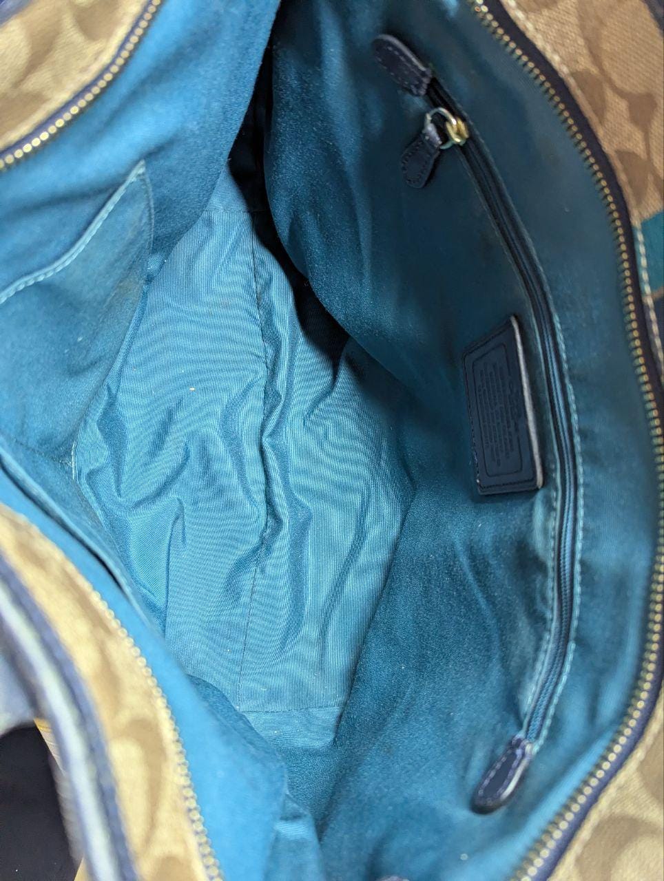 Pre-Owned Coach Varsity City Tote F38405 Signature Canvas Bag Brown Blue Stripe Large Shoulder Bag Authentic
