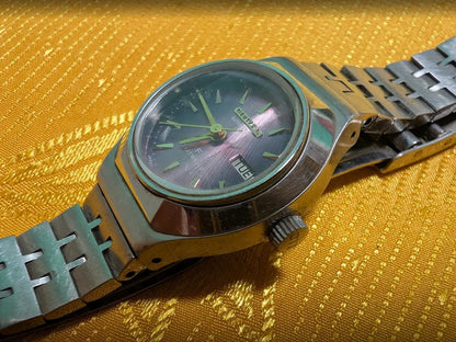 Citizen 4-700091 Automatic Ladies Watch Japan Vintage Pre-Owned Working Purple Dial Day Date Original Bracelet Rare Collectible