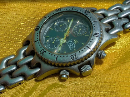Vintage Pre-Owned Elgin FK-617-MA Titanium Chronograph Watch Green Dial 200M 37mm Rare 1990s Quartz Wristwatch
