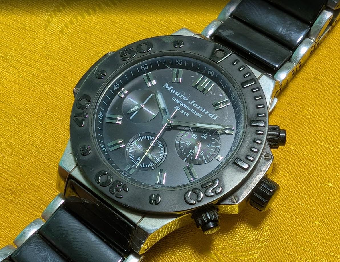Pre-Owned Rare Mauro Jerardi MJ-027 Men's Chronograph Watch, 43mm Black Ceramic Bracelet, Japanese Quartz, 10 BAR, New Battery, Working Video, Gift