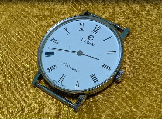 Rare Vintage Pre-Owned Elgin Ambassador Mechanical Watch 32mm Classic Minimalist Roman Dial Swiss Made Parts Repair Wristwatch