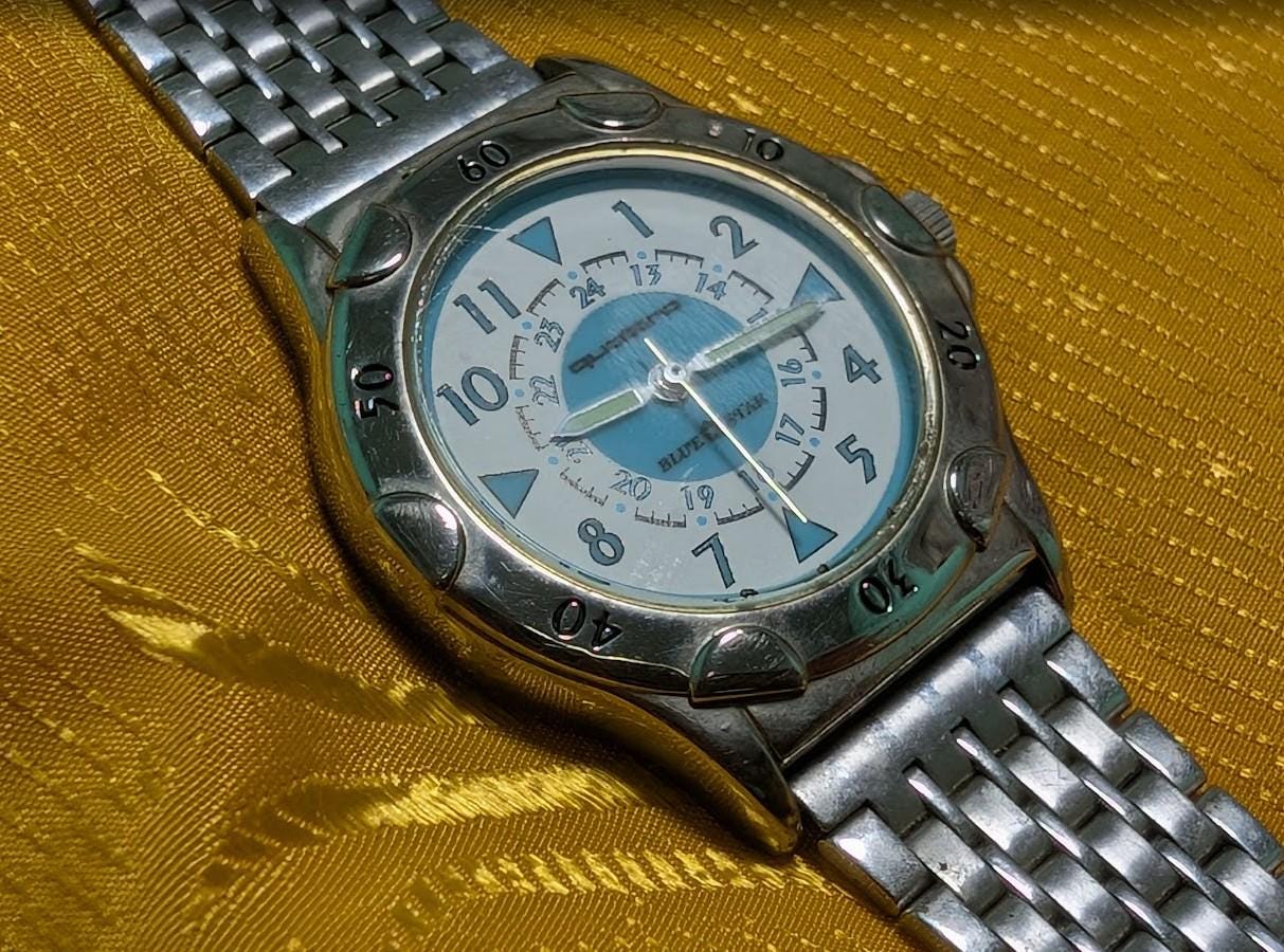 Rare quattro blue star watch steel bracelet vintage Pre-Owned japan style luminous dial,Dial 36mm. New Battery