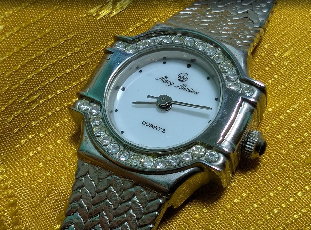 Vintage Pre-Owned Mary Mason Watch Bracelet 1990s Quartz Women Watch Silver Tone Rhinestone Bezel Jewelry Watch New Battery Working