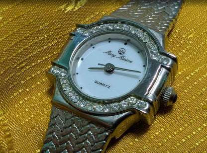 Vintage Pre-Owned Mary Mason Watch Bracelet 1990s Quartz Women Watch Silver Tone Rhinestone Bezel Jewelry Watch New Battery Working