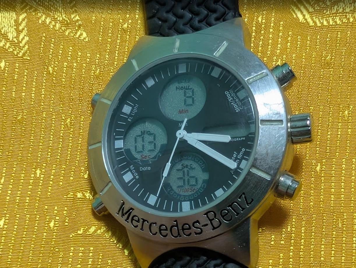 Rare Vintage Pre-Owned Mercedes Benz Ana Digi Quartz Watch 40mm Working Chronograph Style Dual Display Wristwatch