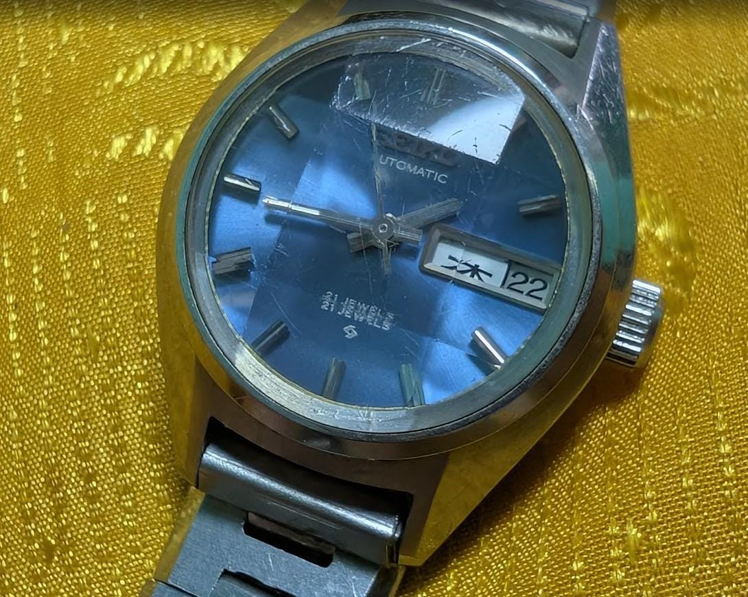 Vintage Pre-Owned Seiko Automatic 2706-0170 Ladies Watch 21 Jewels Blue Dial Original Bracelet 24mm Day Date Working Japan