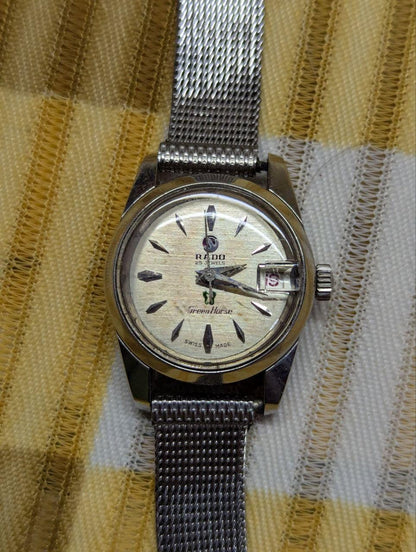 Vintage Pre-Owned Rado Green Horse 25 Jewels Automatic Watch Swiss Made Silver Tone Mesh Band Date Window Working Watch