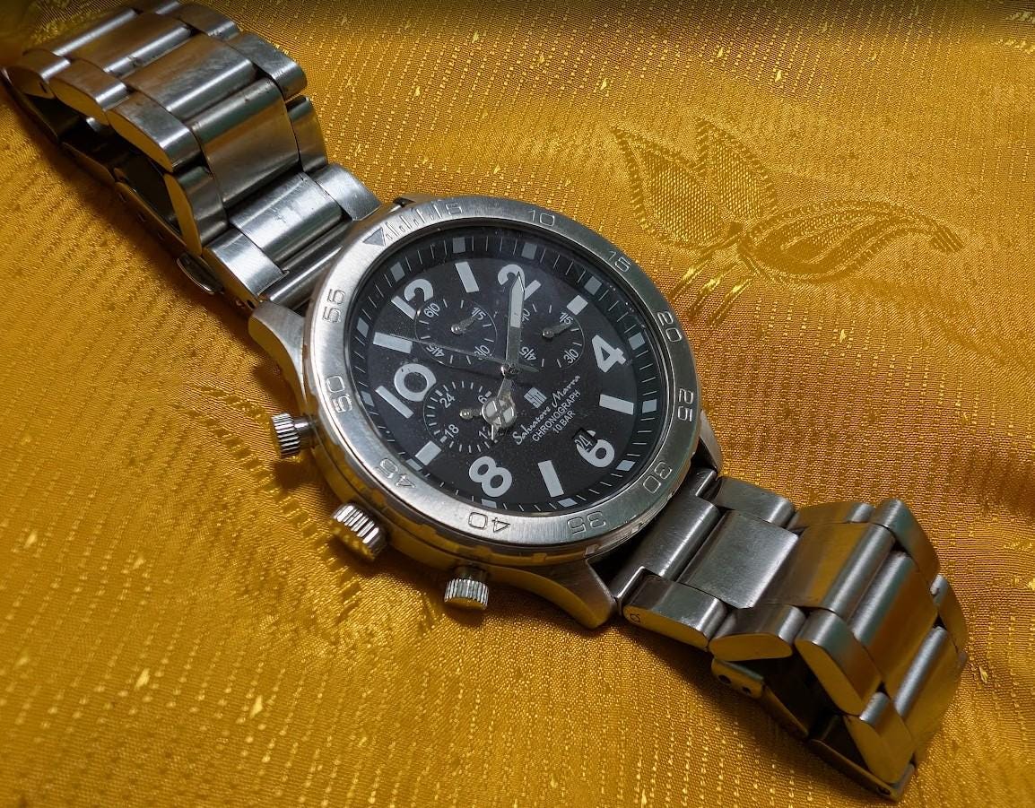 Rare Vintage Pre-Owned Salvatore Marra Chronograph Watch Stainless Steel 45mm Large Case Sport Mens Quartz Wristwatch Date Display Case 45mm