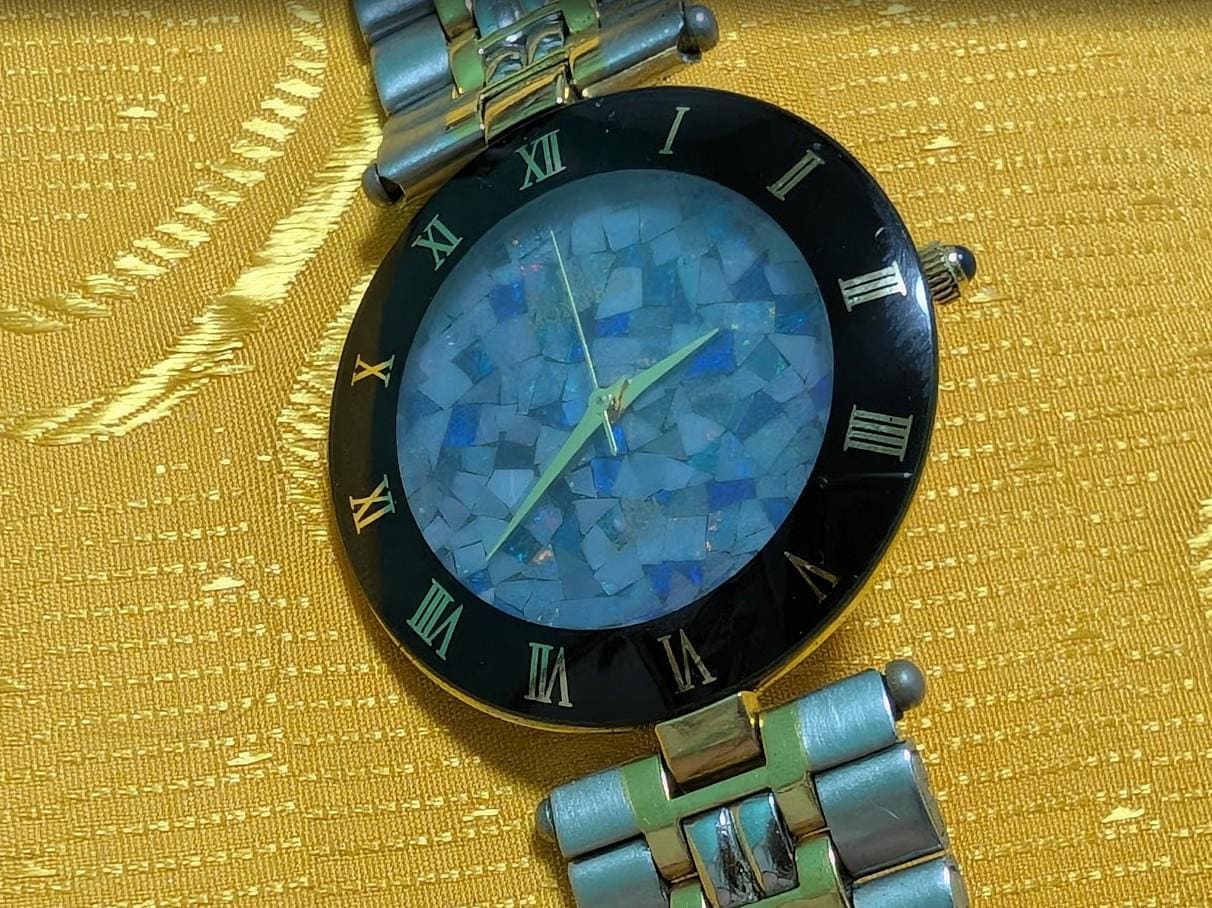 Rare Vintage Pre-Owned Montres MS-003G Opal Jewelry Watch 33mm Quartz Black Roman Dial Bracelet New Battery