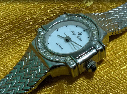 Vintage Pre-Owned Mary Mason Watch Bracelet 1990s Quartz Women Watch Silver Tone Rhinestone Bezel Jewelry Watch New Battery Working