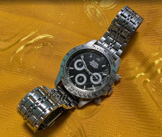 Vintage Pre-Owned Elgin Chronograph Deluxe Watch 40mm Stainless Steel Bracelet Quartz Working New Battery Retro Watch