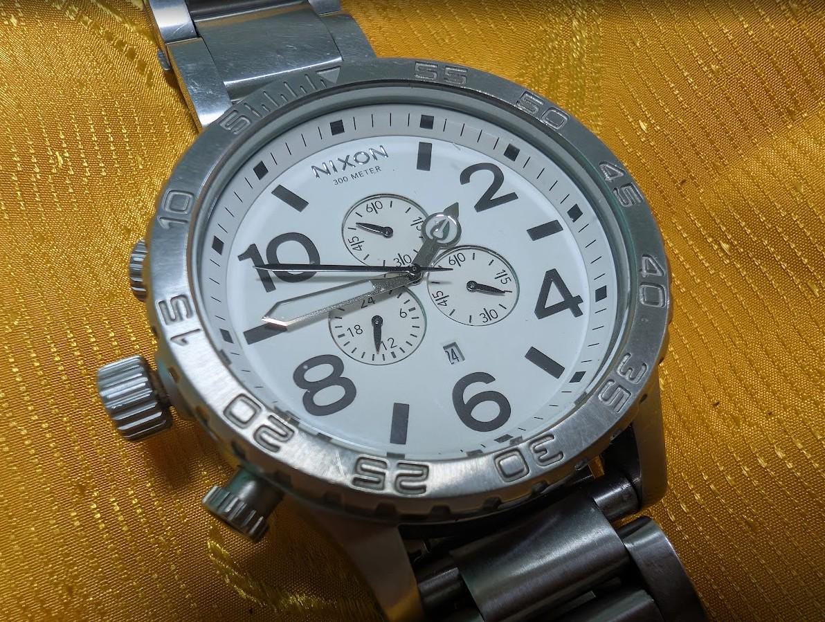 Pre-Owned Rare Nixon The 51-30 Chrono K14 300M Oversized Diver Watch 50mm White Dial Stainless Steel Japan Movement Working