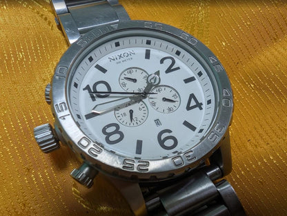 Pre-Owned Rare Nixon The 51-30 Chrono K14 300M Oversized Diver Watch 50mm White Dial Stainless Steel Japan Movement Working