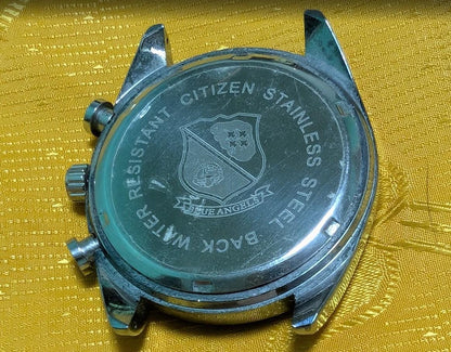 Vintage Pre-Owned Citizen Quartz World Chronograph Blue Angels Style 43mm Watch New Battery Running Black Dial Pilot Design Rare