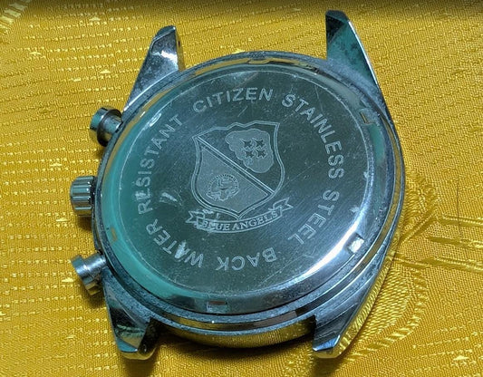 Vintage Pre-Owned Citizen Quartz World Chronograph Blue Angels Style 43mm Watch New Battery Running Black Dial Pilot Design Rare