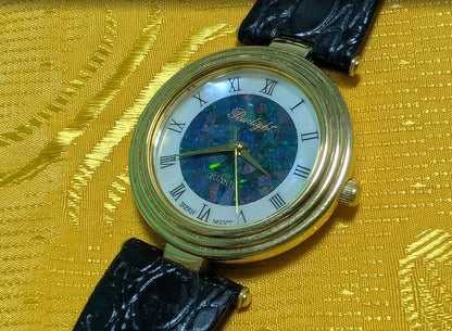 Vintage Pre-Owned Pearlight Quartz Watch 30mm Opal Mosaic Dial Roman Numerals Black Leather Strap Japan Movt. New Battery