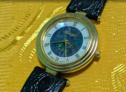 Vintage Pre-Owned Pearlight Quartz Watch 30mm Opal Mosaic Dial Roman Numerals Black Leather Strap Japan Movt. New Battery