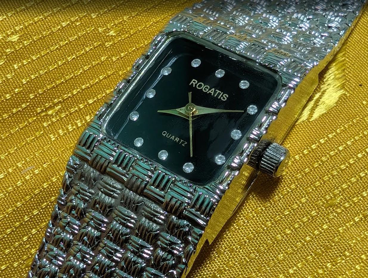 Rogatis Vintage Pre-Owned Watch Women Rectangular Black Dial Mesh Bracelet Quartz Minimalist.New Battery