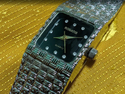 Rogatis Vintage Pre-Owned Watch Women Rectangular Black Dial Mesh Bracelet Quartz Minimalist.New Battery