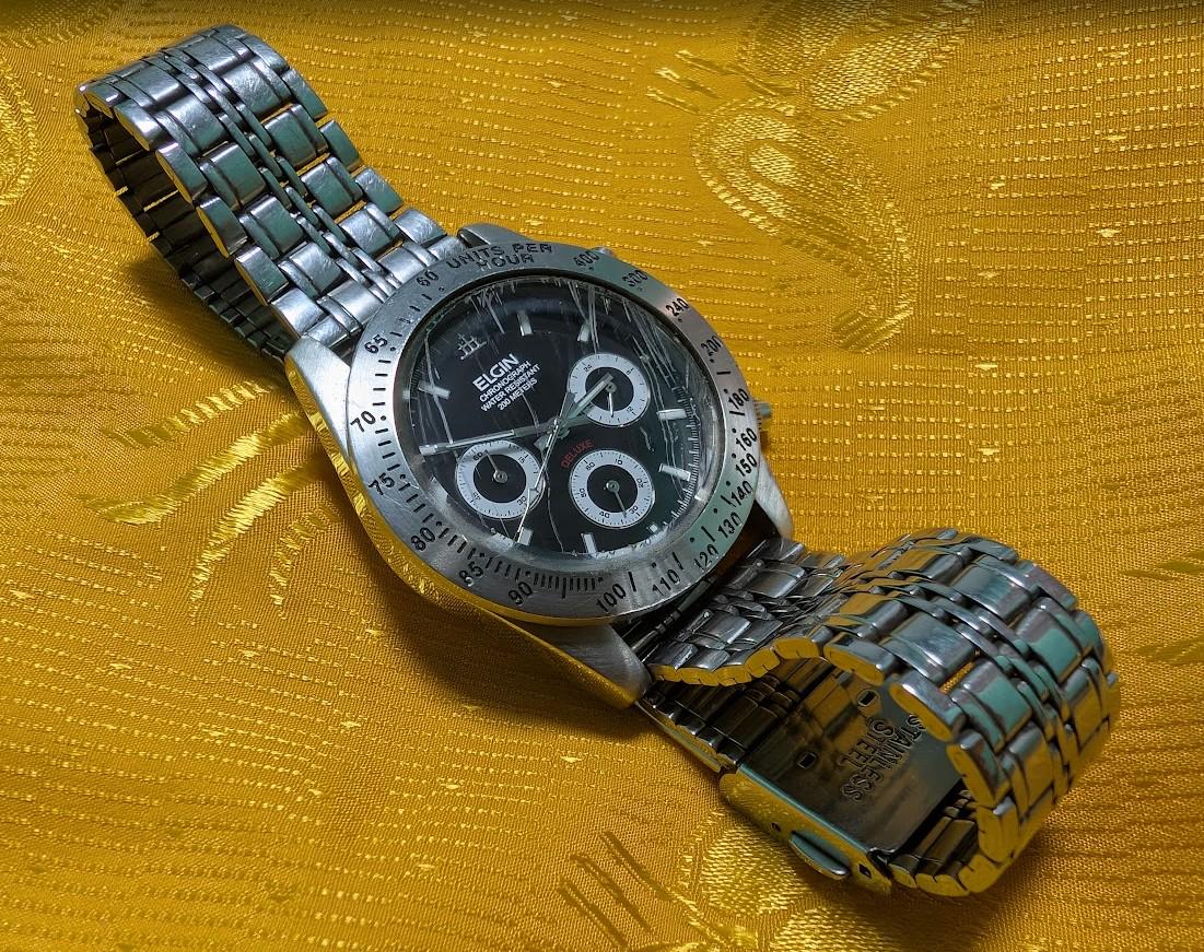 Vintage Pre-Owned Elgin Chronograph Deluxe Watch 40mm Stainless Steel Bracelet Quartz Working New Battery Retro Watch