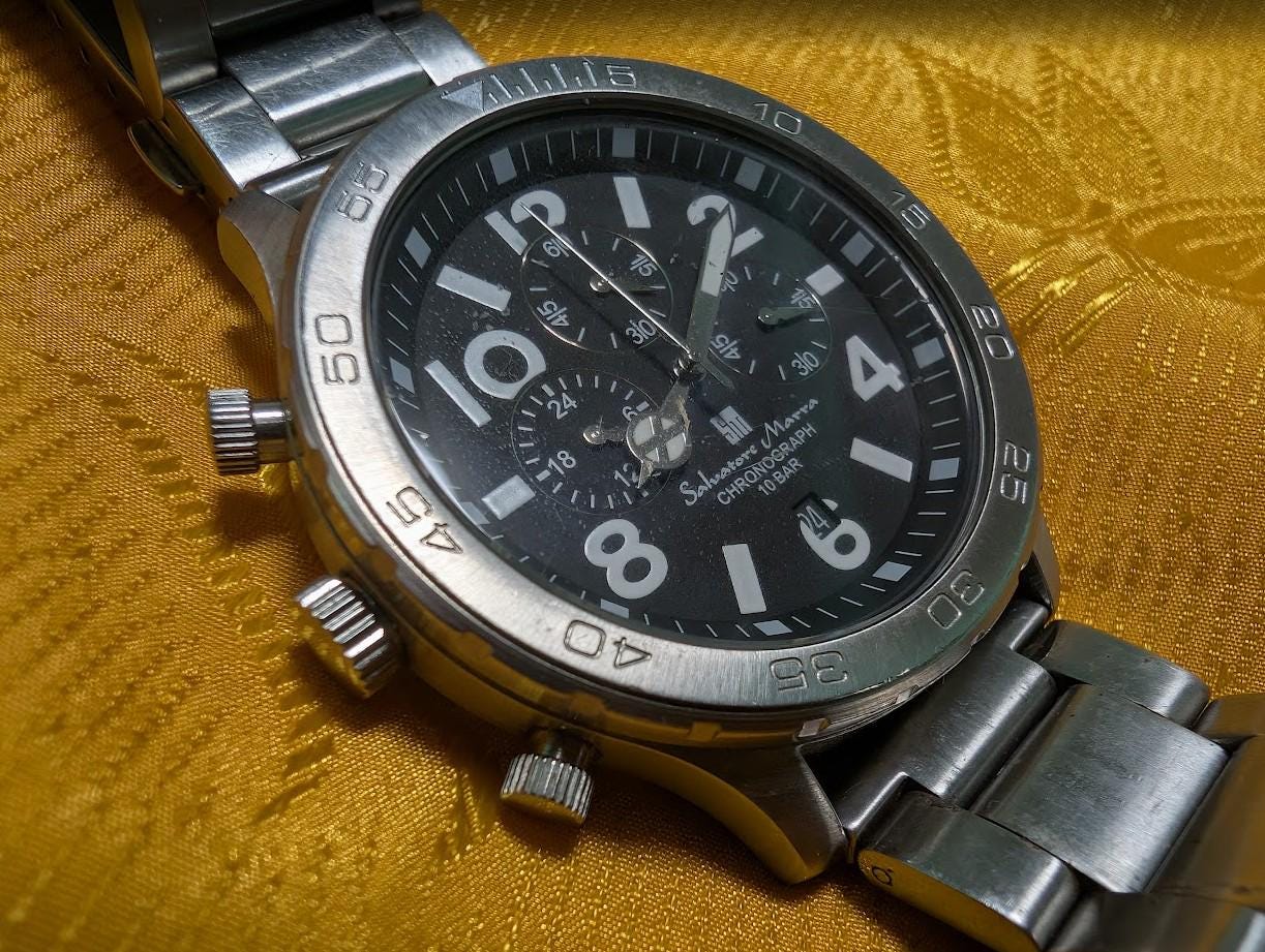 Rare Vintage Pre-Owned Salvatore Marra Chronograph Watch Stainless Steel 45mm Large Case Sport Mens Quartz Wristwatch Date Display Case 45mm