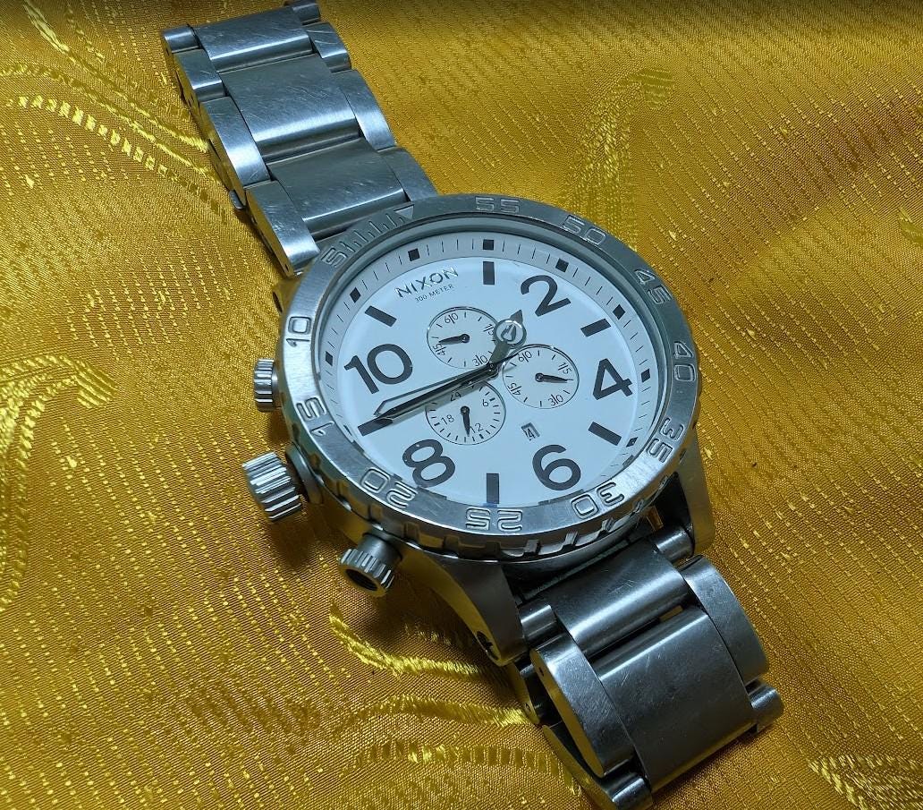 Pre-Owned Rare Nixon The 51-30 Chrono K14 300M Oversized Diver Watch 50mm White Dial Stainless Steel Japan Movement Working