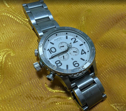 Pre-Owned Rare Nixon The 51-30 Chrono K14 300M Oversized Diver Watch 50mm White Dial Stainless Steel Japan Movement Working