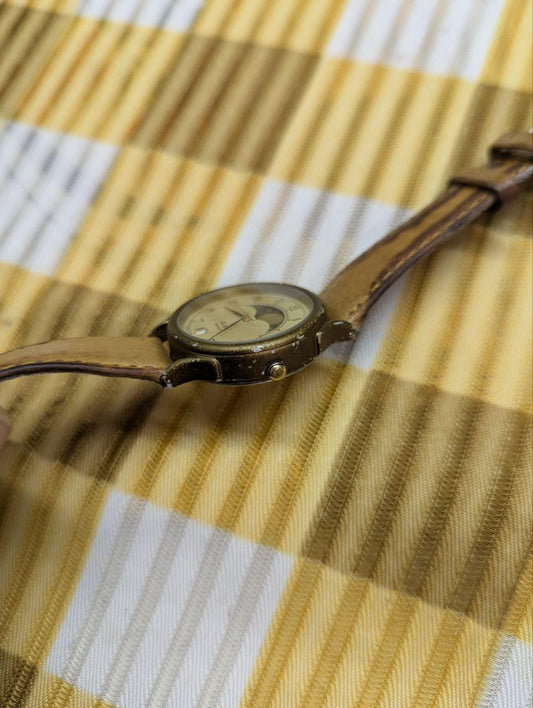 Vintage Pre-Owned Rare Seiko Alba V338-6020 Moon Phase Quartz Watch Cream Dial Brown Leather Strap Japan Date