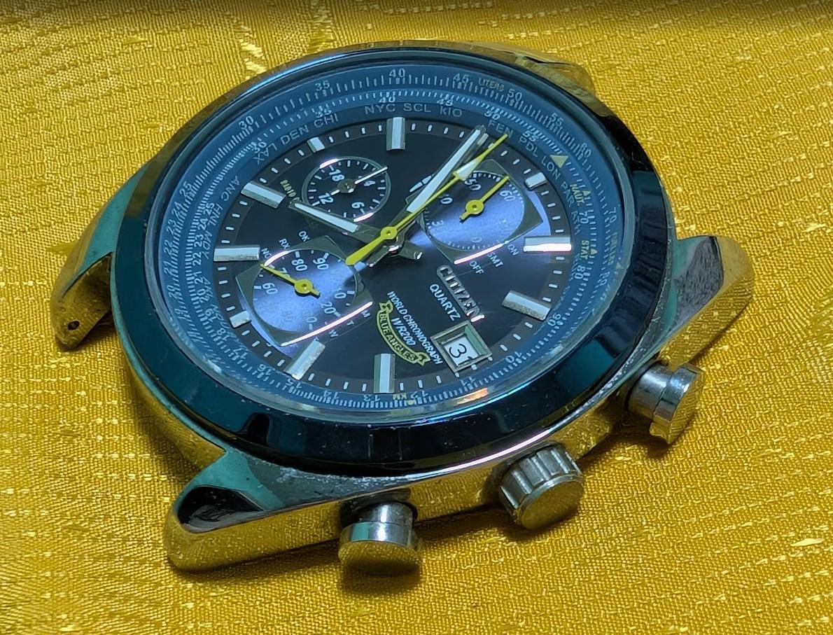 Vintage Pre-Owned Citizen Quartz World Chronograph Blue Angels Style 43mm Watch New Battery Running Black Dial Pilot Design Rare