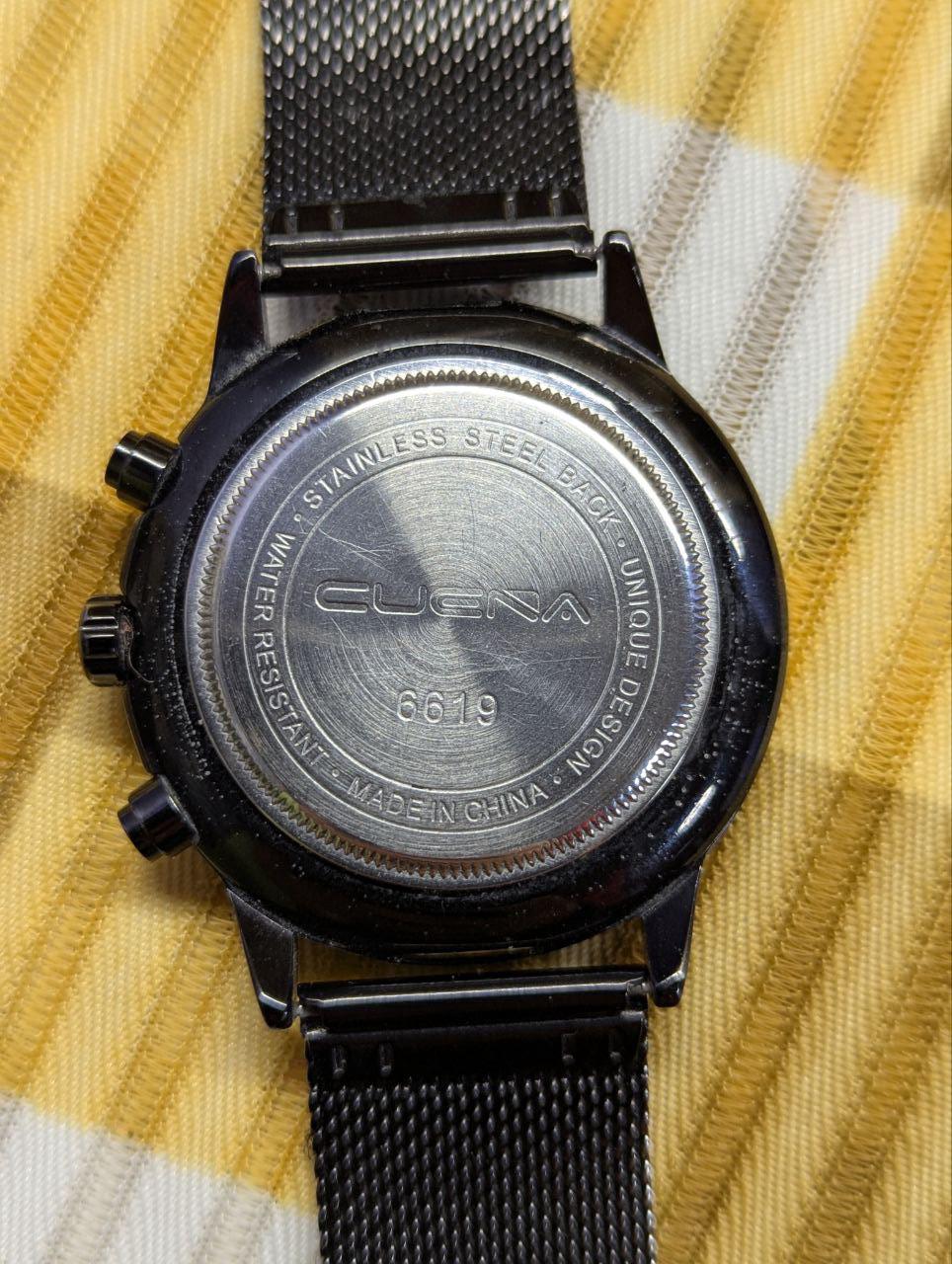 Pre-Owned Cuena 8619 Chronograph Watch Black Gold Mesh Strap Stainless Steel Back Date Quartz