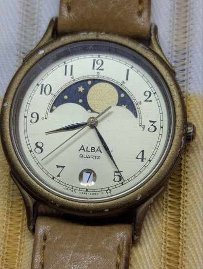 Vintage Pre-Owned Rare Seiko Alba V338-6020 Moon Phase Quartz Watch Cream Dial Brown Leather Strap Japan Date