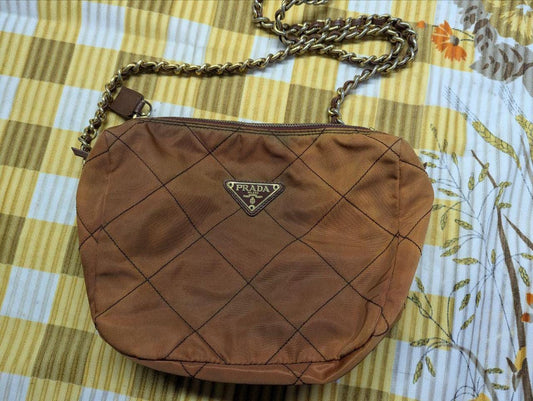 Prada Milano Nylon Quilted Shoulder Bag Brown Vintage Designer Chain Bag With Leather Trim Made In Italy Authentic Pre Owned