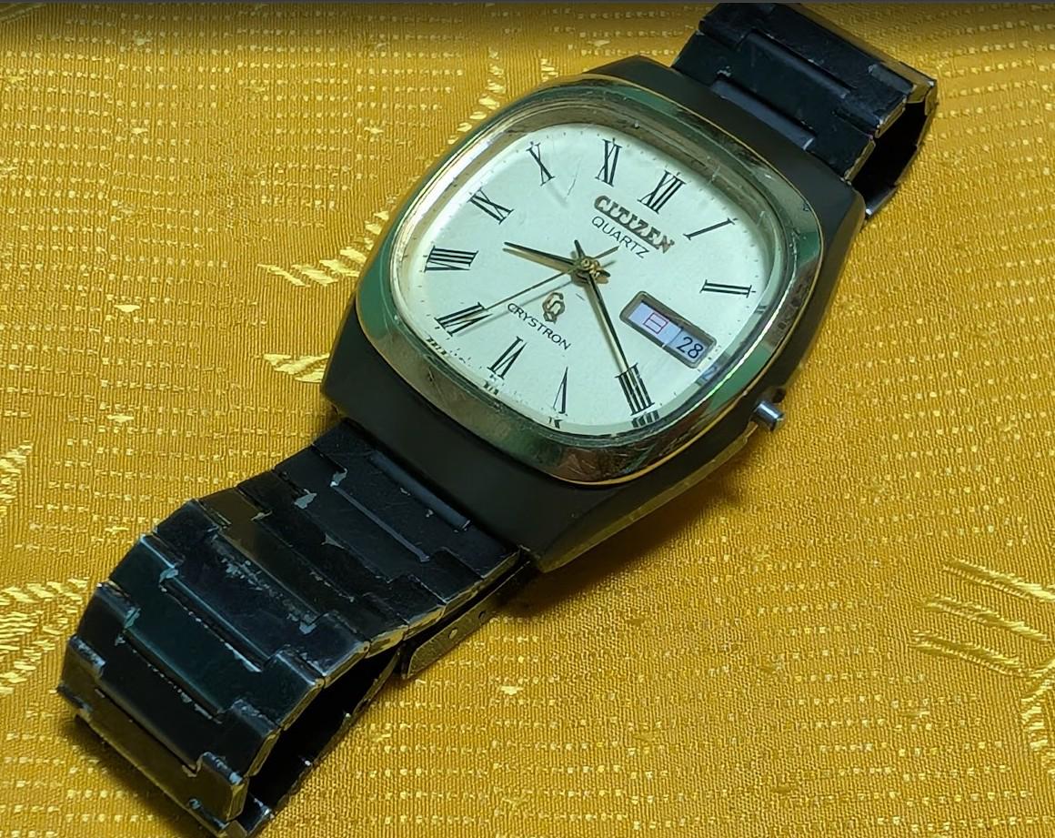 Rare Vintage Pre-Owned Citizen Crystron Quartz 4-730704 Japan Watch Black Case 35mm Day Date For Repair Parts Vintage Collector