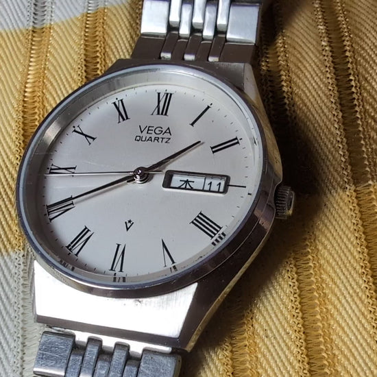 Vega 8558-390351 Vintage Quartz Watch New Battery Roman Dial