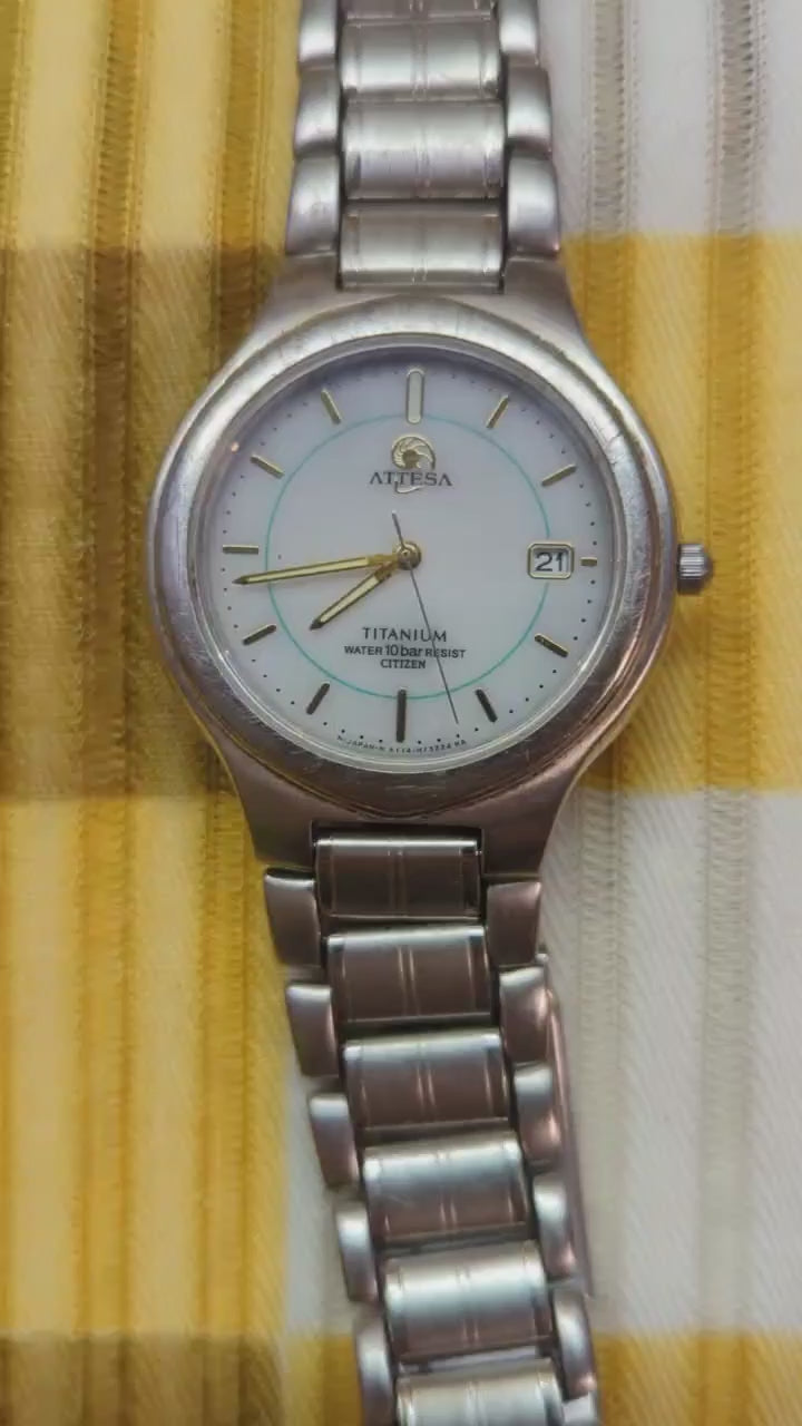 Vintage Citizen Attesa Eco-Drive Titanium Watch, Japan Made, Date, 34.9 mm