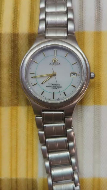 Vintage Citizen Attesa Eco-Drive Titanium Watch, Japan Made, Date, 34.9 mm